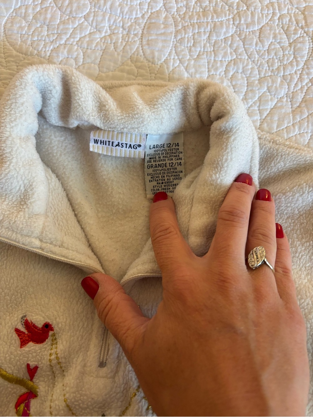 Vintage White Stag Cream Fleece Pullover with Festive Tree Embroidery - Picture 3 of 5